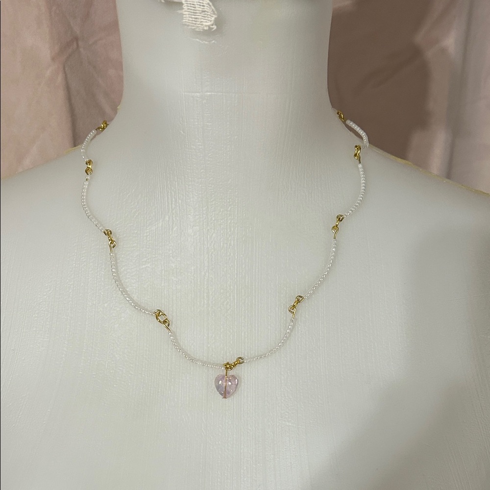 Beautiful Handmade Pearly Reflective Pink Heart Necklace
